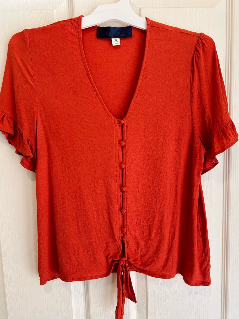 Blue Rain Red V-Neck Tie-Front Blouse